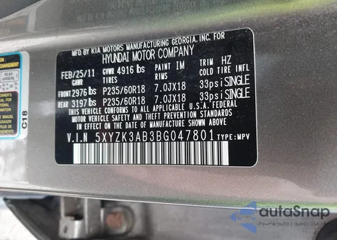 2011 Hyundai Santa Fe Limited из США, поврежденный, VIN 5XYZK3AB3BG047801